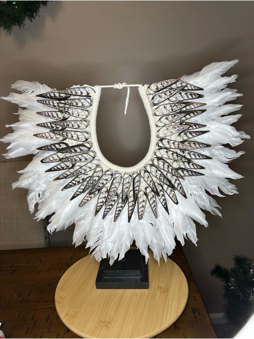 Indonesian Tribal Collar Necklace White Feather Sliced Auger Shell Display Stand